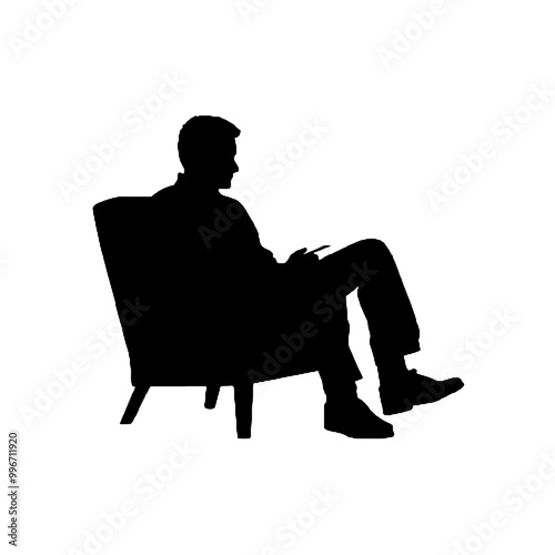 Thoughtful Man Sitting on Armchair Silhouette Vector Illustration Transparent Background