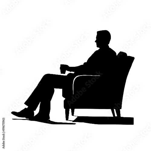 Thoughtful Man Sitting on Armchair Silhouette Vector Illustration Transparent Background