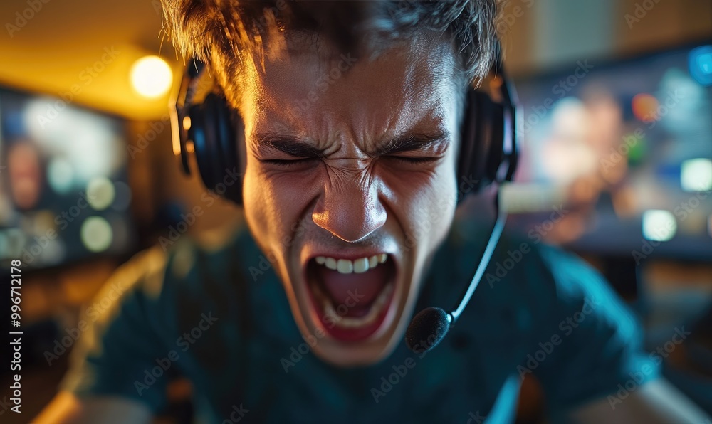 Intense Gaming: Teenage Male Gamer Yelling During Live Stream Intense Gaming: Teenage Male Gamer Yelling During Live Stream