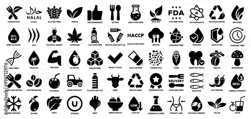 Food and Drink Package Labeling - 60 Vector Icons.