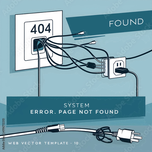 404 error page not found banner. Cable and socket. Cord plug. System error, broken page. Disconnected wires from the outlet. For website. Web template. Popping window. Blue