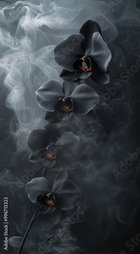  A group of black orchids exudes smoke from their tops against a monochromatic backdrop