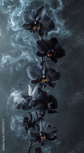  A cluster of black orchids against a dark backdrop, emitting smoke from their tops and bases