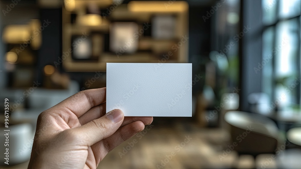 A Hand Holding a Blank Business Card in a Blurred Cafe Setting A Hand Holding a Blank Business Card in a Blurred Cafe Setting
