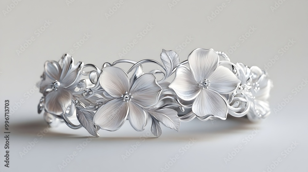 Captivating White Gold Floral Border Jewelry Design with Delicate Ethereal Flower Motifs Cascading Across a Bracelet or Ring Soft Hues and Blended Lines in a Neoclassical Inspired Meadow Captivating White Gold Floral Border Jewelry Design with Delicate Ethereal Flower Motifs Cascading Across a Bracelet or Ring Soft Hues and Blended Lines in a Neoclassical Inspired Meadow