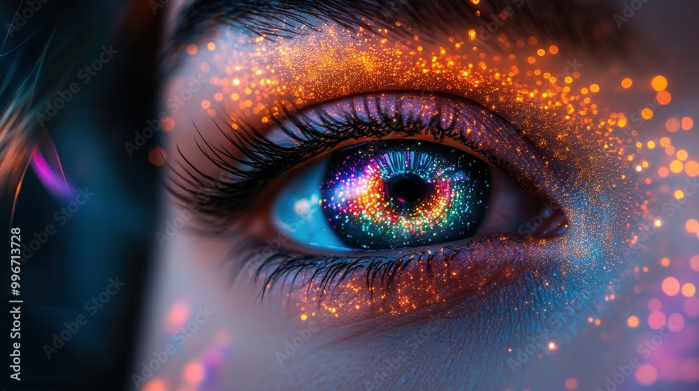 A close-up of a mesmerizing eye adorned with vibrant, sparkling colors and a galaxy-like pattern. A close-up of a mesmerizing eye adorned with vibrant, sparkling colors and a galaxy-like pattern.