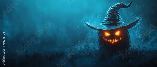  A terrifying pumpkin donned with a witch's hat in a field of grass Background shrouded in fog photo