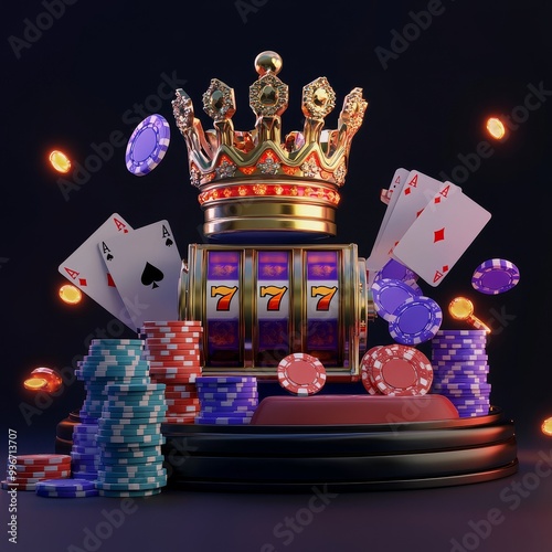 Casino theme with golden crown, cards and chips on dark background photo