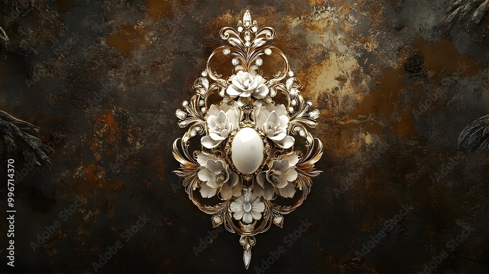 Fototapeta premium Captivating White Gold Floral Border Jewelry Design with Ornamental and Luxurious Flower Embellishments on a Pendant or Ring Created with Digital Painting in a and Baroque Period Aesthetic