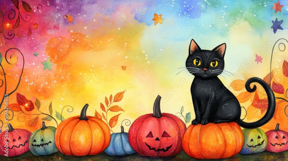 Enchanting Black Cat with Pumpkins in Colorful Patch at Night Enchanting Black Cat with Pumpkins in Colorful Patch at Night