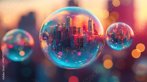 Fototapeta Naklejka Na Ścianę i Meble -  A city skyline encased in a bubble, with a blurred cityscape in the background.