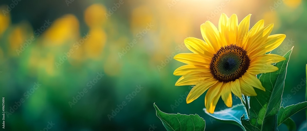 Fototapeta premium A sunflower, its yellow petals bright against green grass, bathed in sunlight