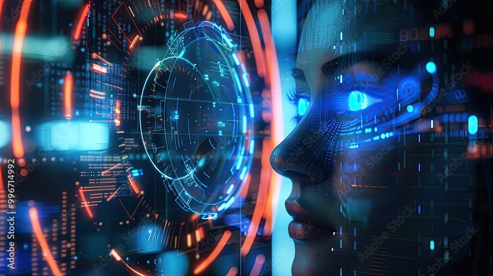 A futuristic biometric scanner with holographic display A futuristic biometric scanner with holographic display