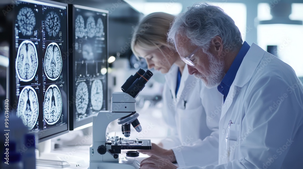 Scientists working in a lab, examining brain tissue samples under a microscope for tumor research. Scientists working in a lab, examining brain tissue samples under a microscope for tumor research.