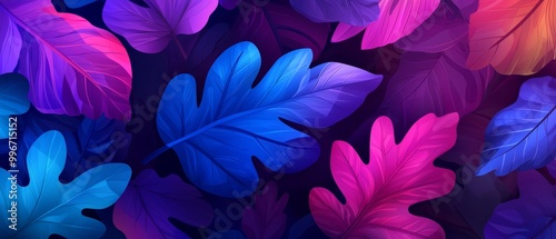  Vibrant leaves in assortment hues against purple-blue backdrop; a red-blue foliage leaf positioned leftward photo