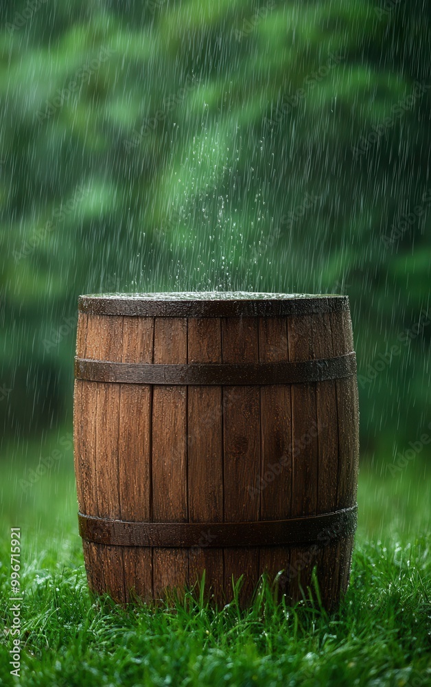 A rustic wooden barrel sits peacefully in the rain, surrounded by lush green grass, creating a serene natural scene. A rustic wooden barrel sits peacefully in the rain, surrounded by lush green grass, creating a serene natural scene.