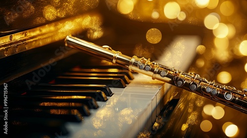Golden Flute Resting on Piano Keys with Sparkling Background