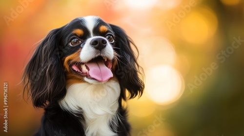 A close-up of a happy dog with a blurred autumn background.