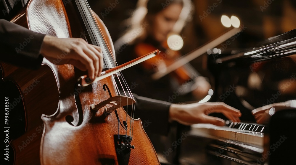 Fototapeta premium pianists and cellists. Cellist and pianist performing in a duet. Close-up of a classical music instrument.