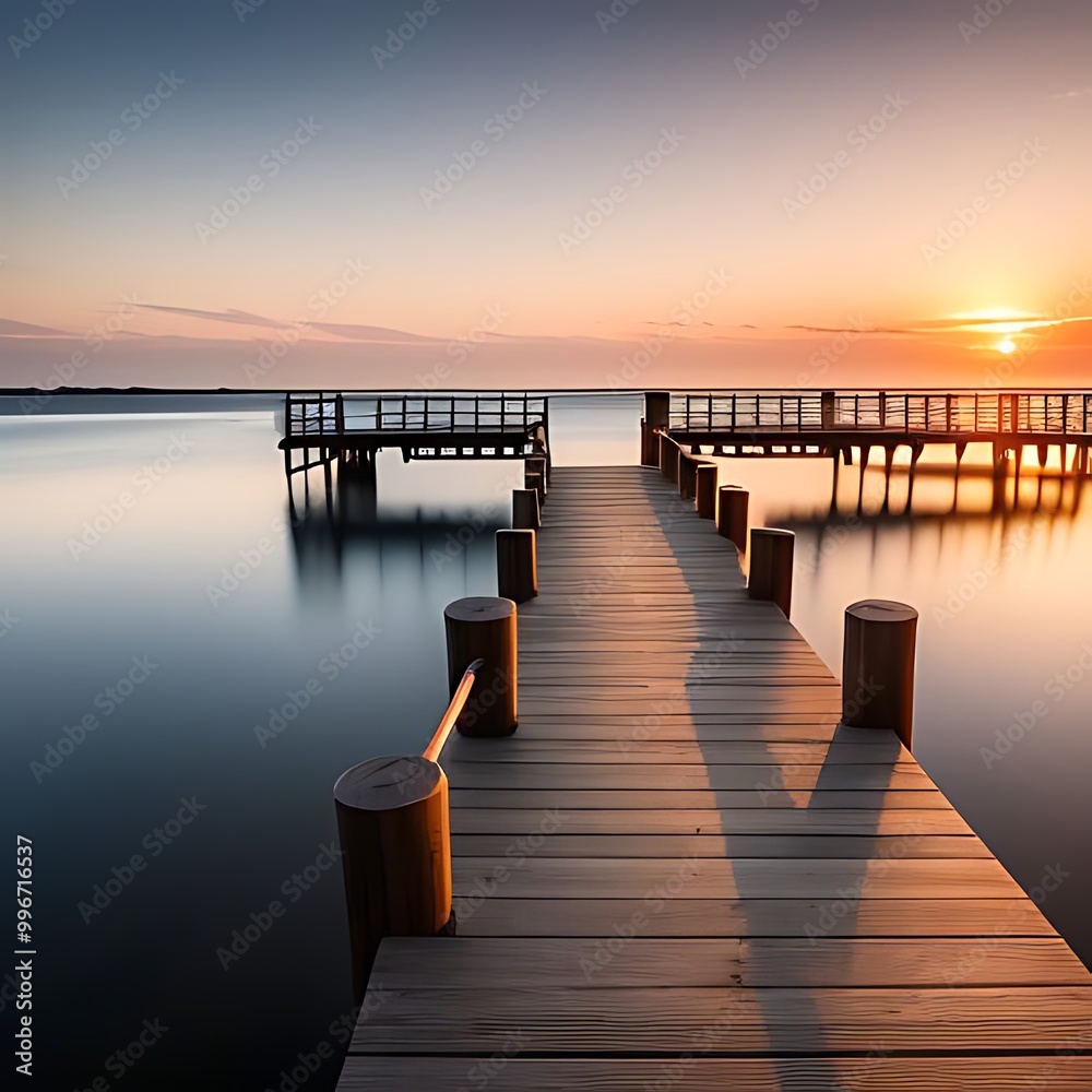 Fototapeta premium Wooden pier extending into sunset waters.