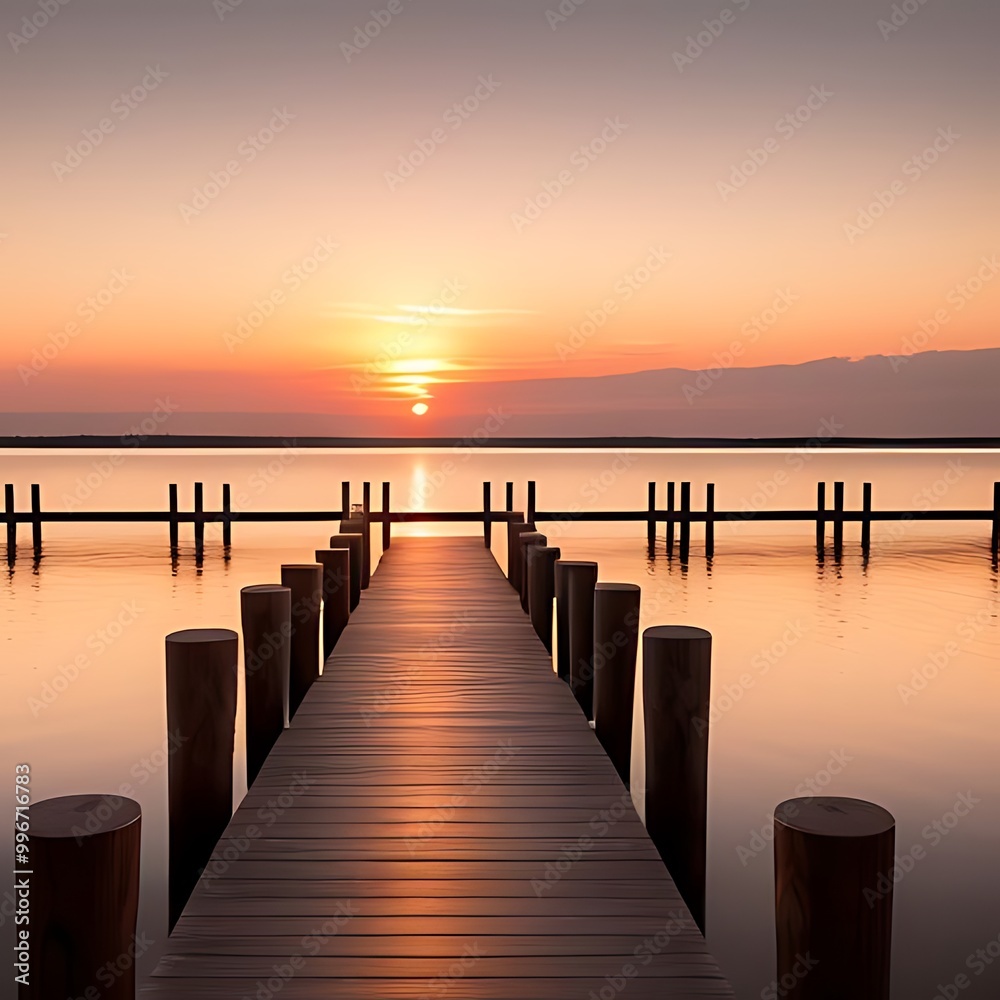Obraz premium Wooden pier extending into sunset waters.