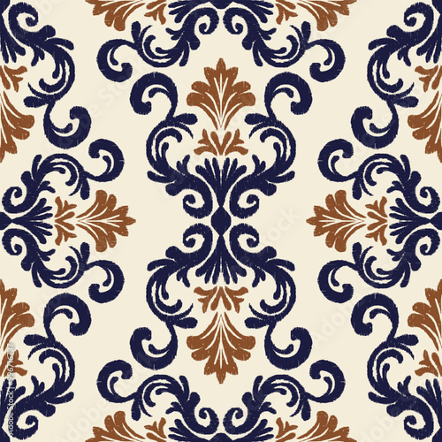 Luxurious navy blue and brown damask ikat pattern on a cream background. This seamless design is ideal for upholstery, fabric prints, and home decoration with its ornate, vintage-inspired floral motif