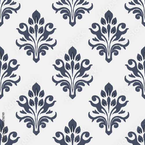 Elegant navy blue ikat damask pattern on a white background. This seamless design features intricate floral motifs, perfect for fabric prints, wallpaper, and home decor.