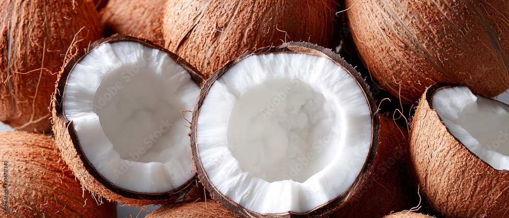A tight shot of several coconuts, revealing their interiors with a white substance in the center A tight shot of several coconuts, revealing their interiors with a white substance in the center