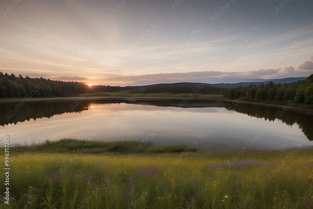 Wildflower field framing sunset over lake Wildflower field framing sunset over lake