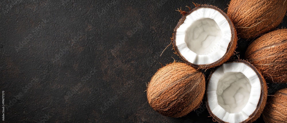 A collection of coconuts aligned on a black surface One is split, the other remains intact A collection of coconuts aligned on a black surface One is split, the other remains intact