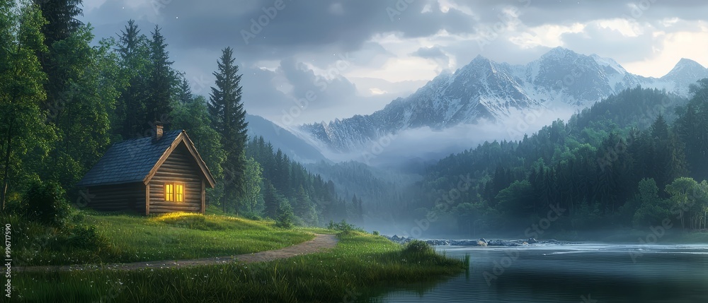 A cabin sits in the heart of a forest, surrounded by tall trees In the foreground, a serene lake reflects the cabin's image Beyond, majestic mountains rise in the A cabin sits in the heart of a forest, surrounded by tall trees In the foreground, a serene lake reflects the cabin's image Beyond, majestic mountains rise in the
