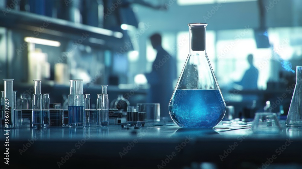A laboratory scene featuring a blue liquid in a flask, surrounded by various glassware. A laboratory scene featuring a blue liquid in a flask, surrounded by various glassware.