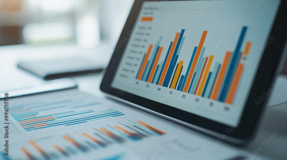 Data visualization on a tablet and paper, showcasing business analytics and statistics. Data visualization on a tablet and paper, showcasing business analytics and statistics.