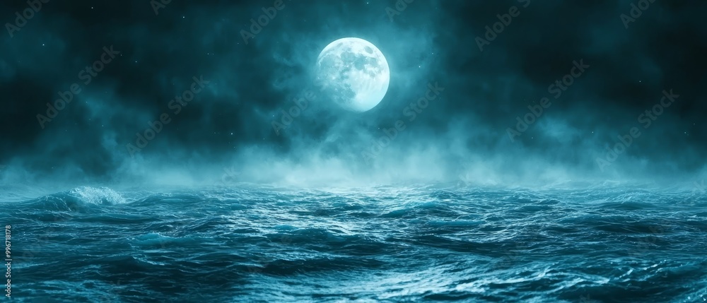 A full moon hovering above a body of water during a midnight sky, adorned with clouds A full moon hovering above a body of water during a midnight sky, adorned with clouds
