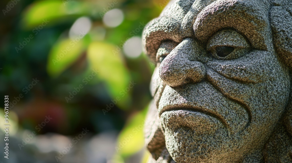 A detailed stone troll sculpture rises in an outdoor garden, surrounded by vibrant greenery, highlighting its craftsmanship and unique features in natural light A detailed stone troll sculpture rises in an outdoor garden, surrounded by vibrant greenery, highlighting its craftsmanship and unique features in natural light