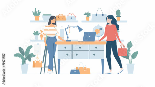 Women in casual attire working at their store, managing online orders, and engaging with customers through their digital platform.