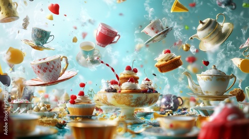 Mad Hatterâ€™s Crazy Tea Table: A chaotic banner background of Mad Hatter Day  with tea cups, cakes, and teapots flying off a table in a mad scene of tea-time chaos,