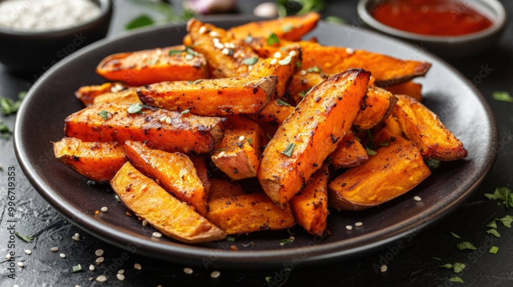 Close-up of a plate of crispy sweet potato fries with seasonings. Close-up of a plate of crispy sweet potato fries with seasonings.