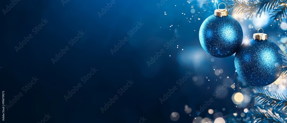 Fototapeta premium A blue Christmas ornament suspends from a tree branch against a dark blue backdrop, embellished with snowflakes