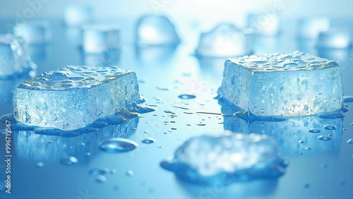青い背景の上に敷き詰められた氷のテクスチャー素材　清涼感のあるクラッシュアイス　Ice texture material spread over a blue background. Refreshing crushed ice