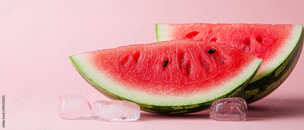 A watermelon slice on pink background, surrounded by ice cubes A watermelon slice on pink background, surrounded by ice cubes