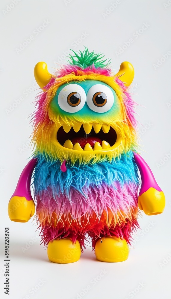 Naklejka premium Vibrant monster toy featuring a playful rainbow color scheme and expressive features, perfect for children's play and imaginative fun.