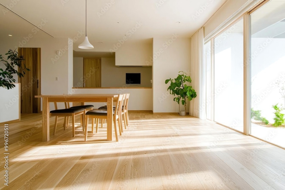 Fototapeta premium Bright and spacious dining room with wooden furniture, large windows, and modern decor, perfect for family gatherings or meals.