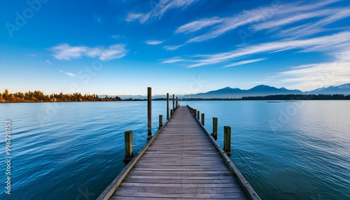 Scenic wooden dock with views of the shoreline in Ladner, British Columbia photo