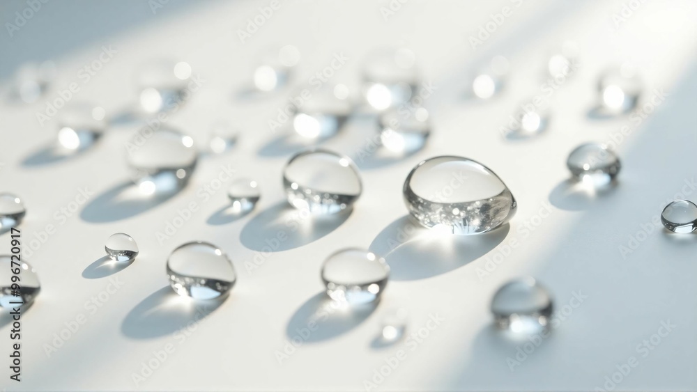 強い太陽光の当てられた白い背景の上に輝く光を乱反射したクリアな水の雫 Clear water drops with diffused reflection of shining light on a white background
強い太陽光の当てられた白い背景の上に輝く光を乱反射したクリアな水の雫 Clear water drops with diffused reflection of shining light on a white background