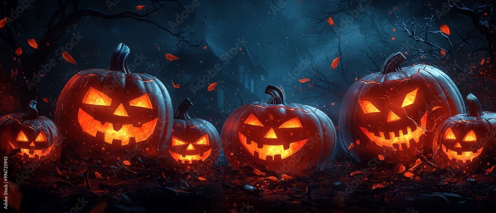 A collection of intricately carved pumpkins, Jack-o-lanterns nestled within a forest, surrounded by falling autumn leaves Overhead, a luminous full moon ill A collection of intricately carved pumpkins, Jack-o-lanterns nestled within a forest, surrounded by falling autumn leaves Overhead, a luminous full moon ill