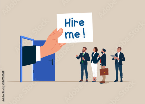 Big hand holding sign hire me to employer. Losing job, unemployment, finance crisis. Vector Business Illustration