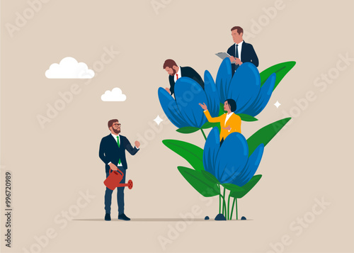 Investor finish watering growing tree with employees. Cooperation of people in the organization. Growth in career advancement. Flat vector illustration