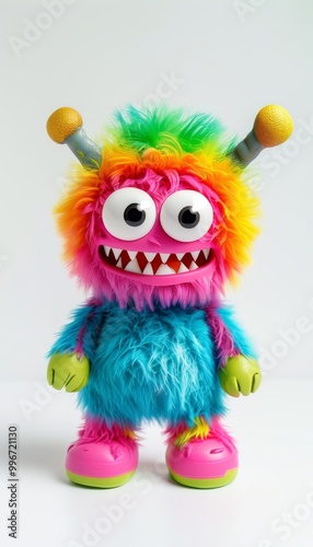 Vibrant monster toy featuring a playful rainbow color scheme and expressive features, perfect for children's play and imaginative fun.