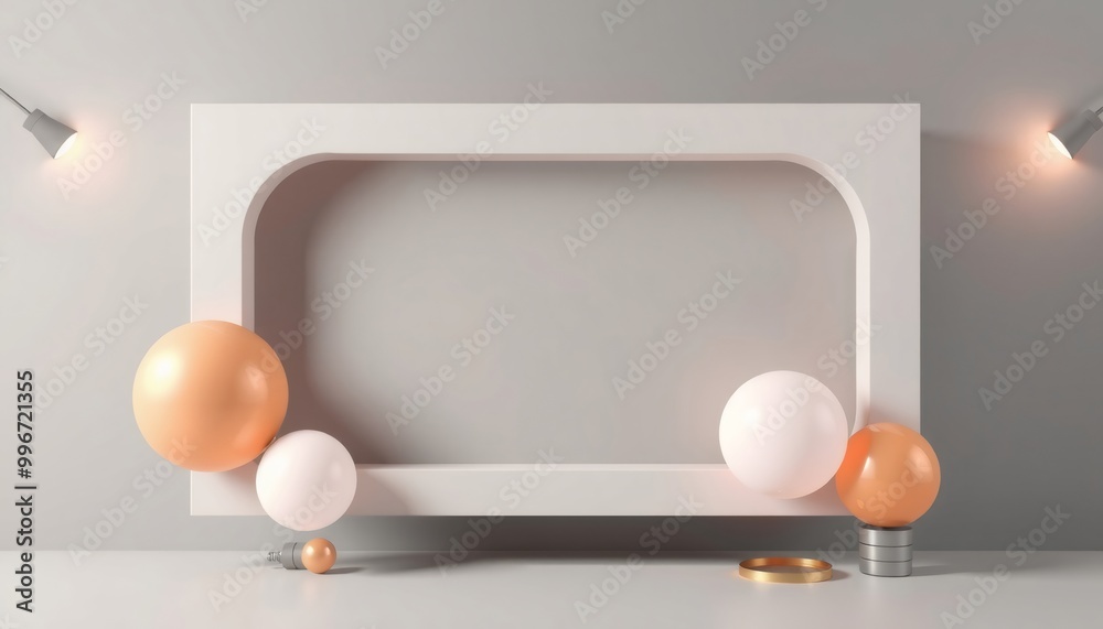 Minimalist scene with white frame, spheres, gold ring and lights. Minimalist scene with white frame, spheres, gold ring and lights.